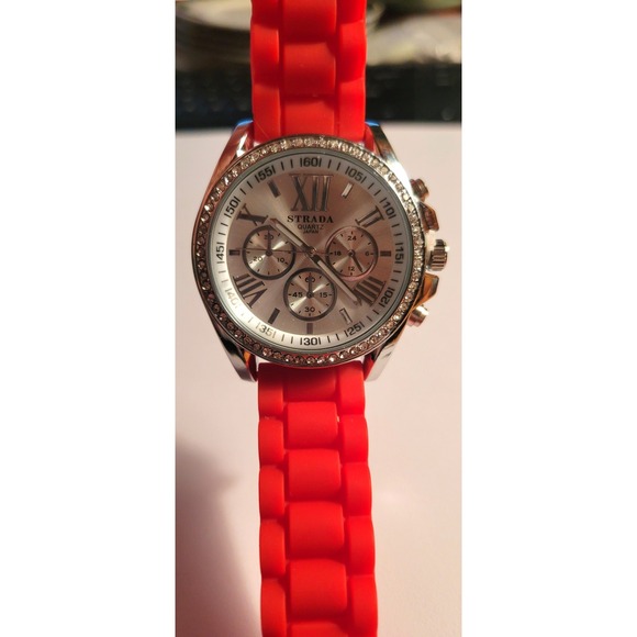 STRADA GENOA Women's Rhinestone Accent Watch RED Silicone Strap Chronograph - Picture 7 of 8